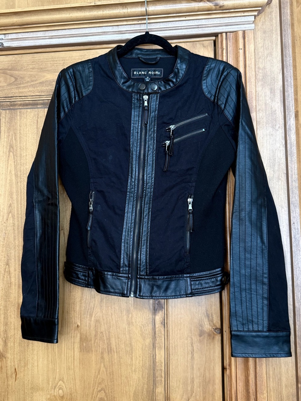 Blanc Noir Black Moto Jacket Faux Leather Trim Quilted Stretch Zip Women’s M